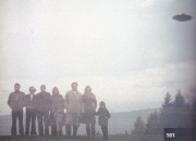 #101.[68] 20th April, 1975 at 10:00. Photographed behind Jakobsberg-Allenberg in the vicinity of Bäretswil, Switzerland. Hans Jacob and his two daughters Claudia Jacob and Cornelia Jacob, Mr. Liniger, Mr. Leuenberger, Jakobus Bertschinger and two of Billys children – Atlantis and Gilgamesha.