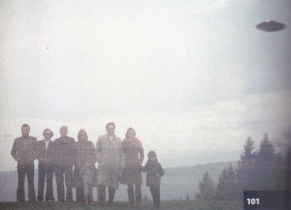 #101.[164] 20th April, 1975 at 10:00. Photographed behind Jakobsberg-Allenberg in the vicinity of Bäretswil, Switzerland. Hans Jacob and his two daughters Claudia Jacob and Cornelia Jacob, Mr. Liniger, Mr. Leuenberger, Jakobus Bertschinger and two of Billys children – Atlantis and Gilgamesha.