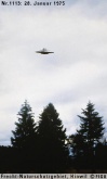 Semjase's aircraft flying away after Eduards first official conversation in the Frecht Nature Preserve, outside Hinwil, Switzerland. Photographed after Contact Report 001 on 28th January 1975.