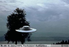 Semjase flying with her beamship around a wettertanne (weather pine) 14m height (the tree later eliminated by Semjase). Pfaffikersee in background. 9th July 1975.