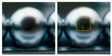 #808.[139] Reflection on one of the spheres. Carriage House visible. A little brown mark might be Billy Meier. At the right; sketches of the Building wall and Billy profile. Only a 3.5 meters UFO can produce this reflection.