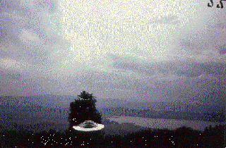 #55.[63] Semjase flying with her beamship around a wettertanne (weather pine) 14m height (the tree later eliminated by Semjase). Pfaffikersee in background. 9th July 1975.